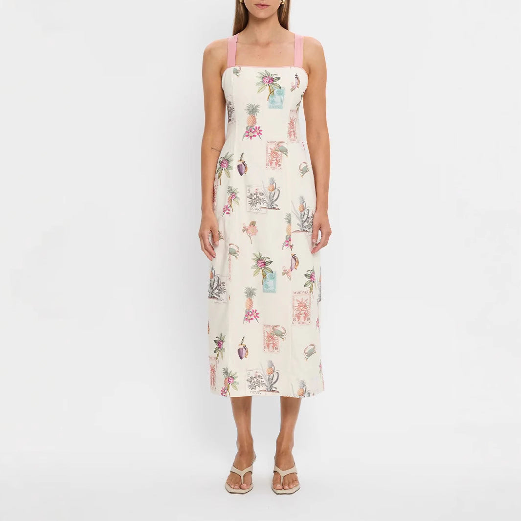 Elegant Linen Strap Backless Lace Up Dress