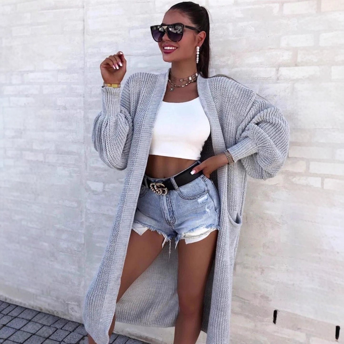 Women's Loose Long Lantern Sleeve Pocket For Knitwear