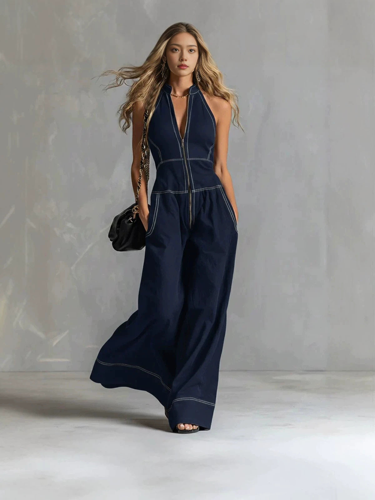 Fashion Monochrome Stand Collar Sleeveless Loose Casual Women's Jumpsuit/clothing