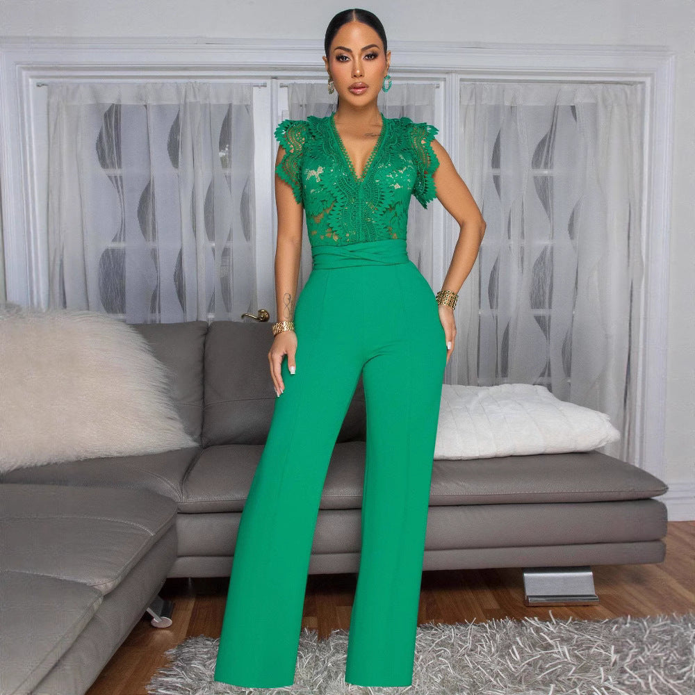 Women's Personalized Line Lace Stitching Sleeveless Casual Jumpsuits