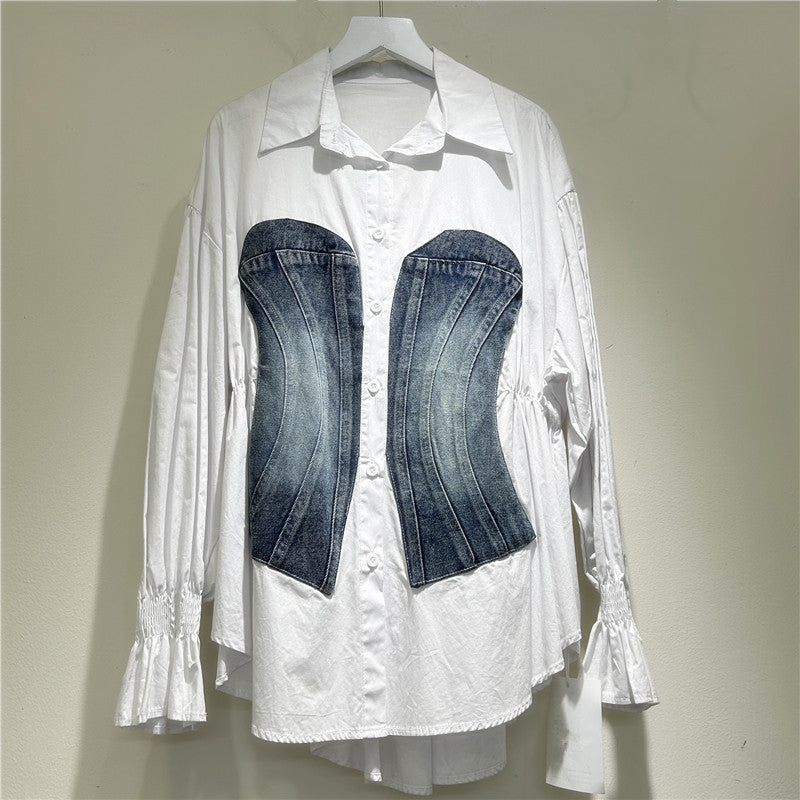 Women's Design Long Sleeve Stitching Denim Waist Blouses