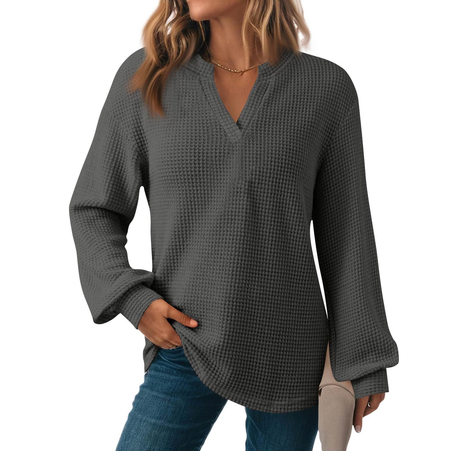 Women's Solid Color Waffle Loose Long Sleeve Women's Sweater, Sweater
