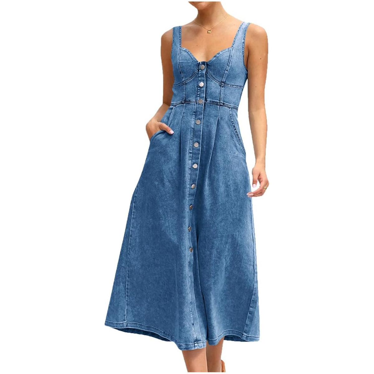 Women's Summer Blue Denim Distressed Strap Single Dress