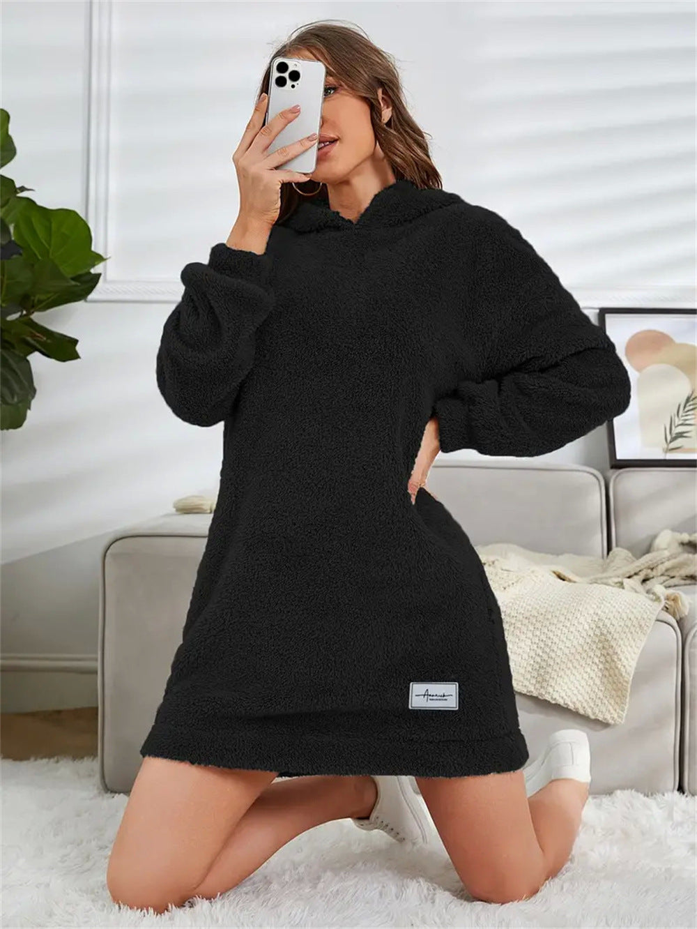 Women's Hooded Long-sleeved Plush Dress Loose Hoodie Women's Sweater, Sweater