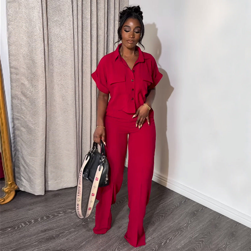 Women's Summer Lapel Sleeve Shirt High Waist Wide Suits