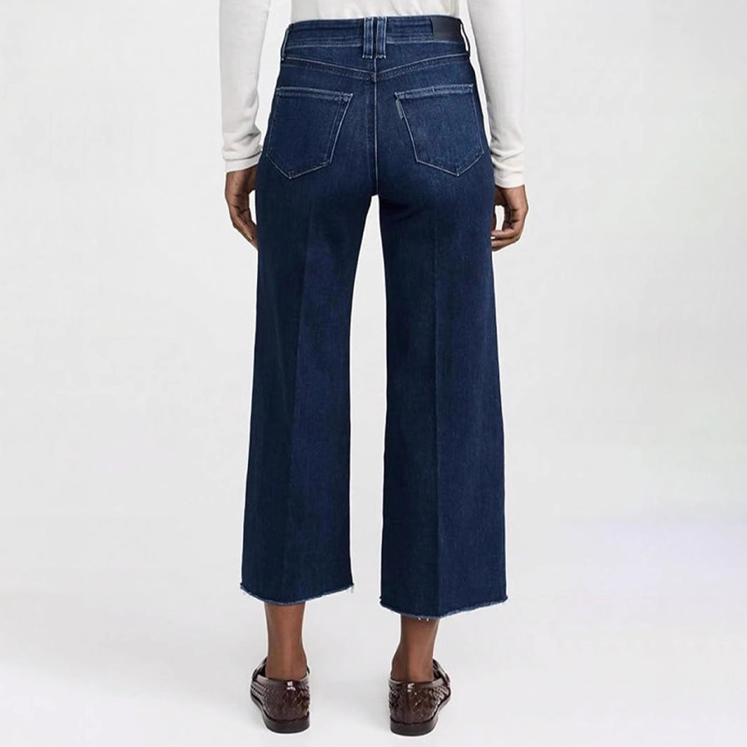 Women's Denim Cropped Straight Wide Leg Flat Pants