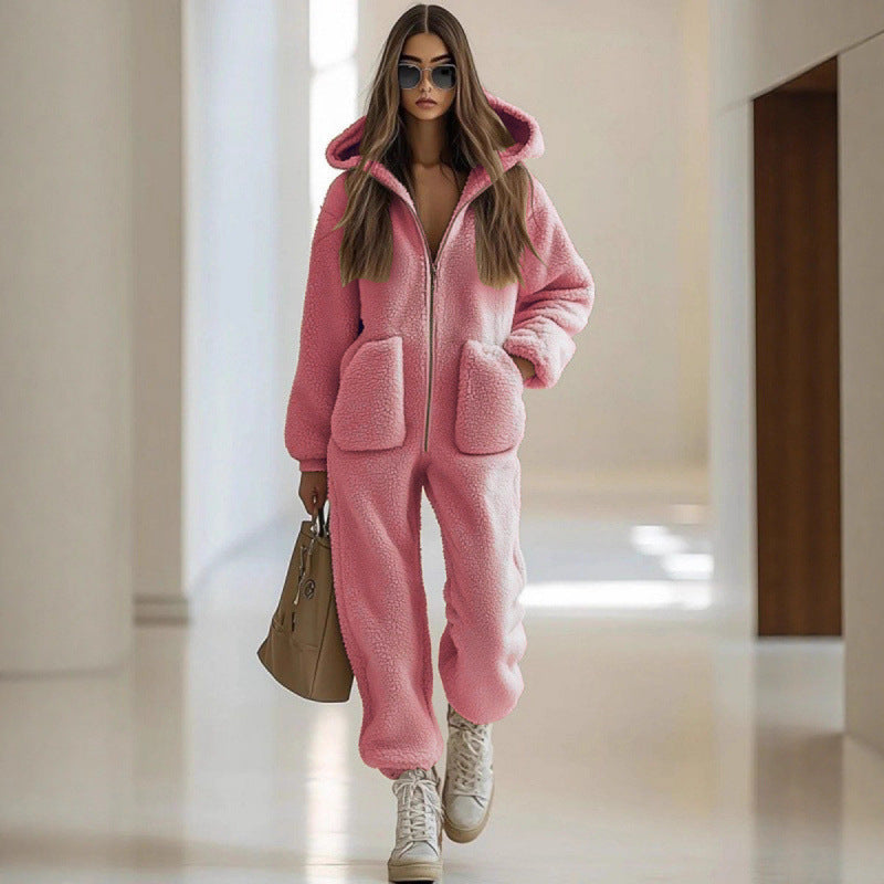 Women's Hooded Pocket Decoration Loose Straight Plush Jumpsuits