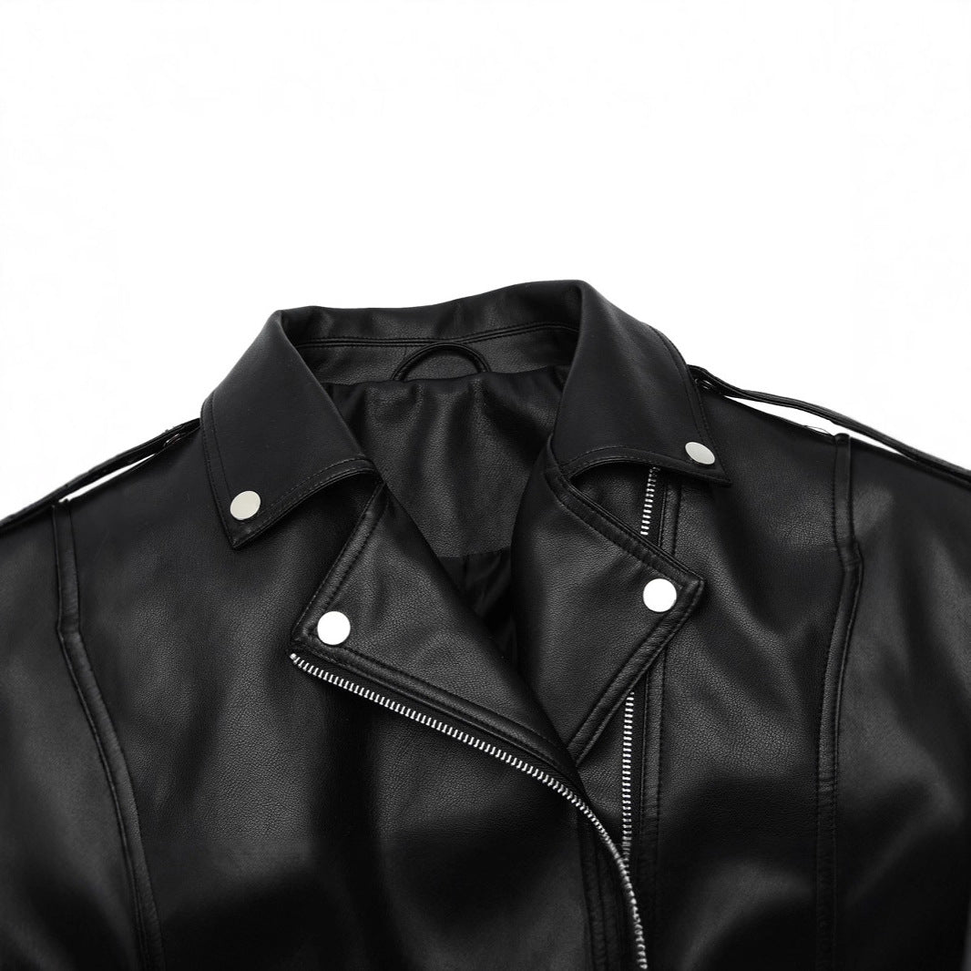Women's Locomotive Style Leather Lapel Zipper Belt Jackets