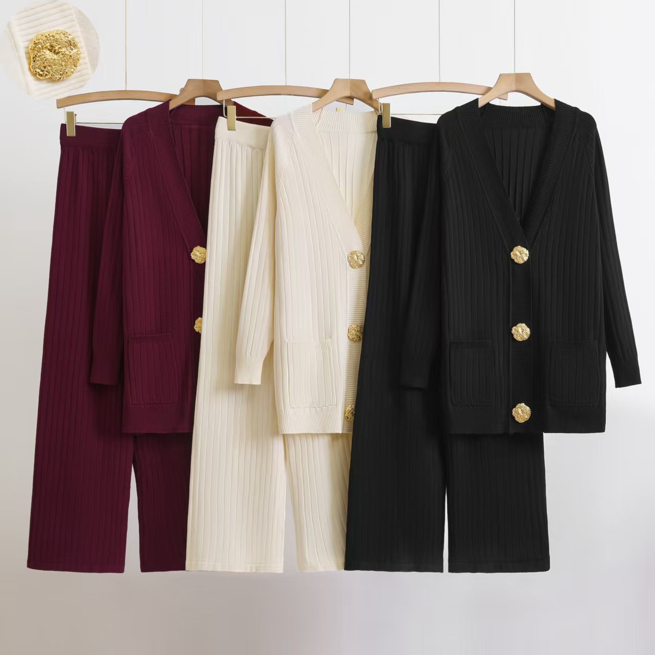 Metal Button Wide Leg Knitted Mid-length Suits