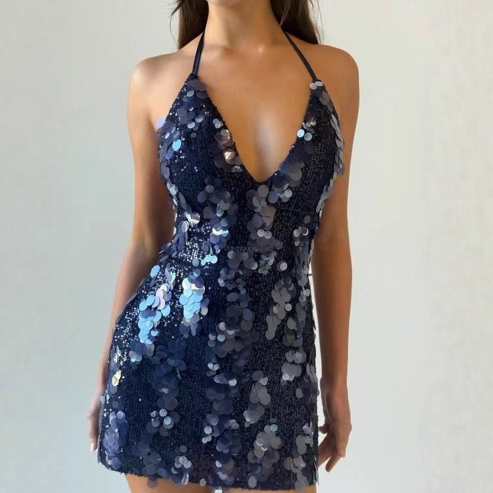 Women's Sexy Beaded Dress Deep V Strap Dresses