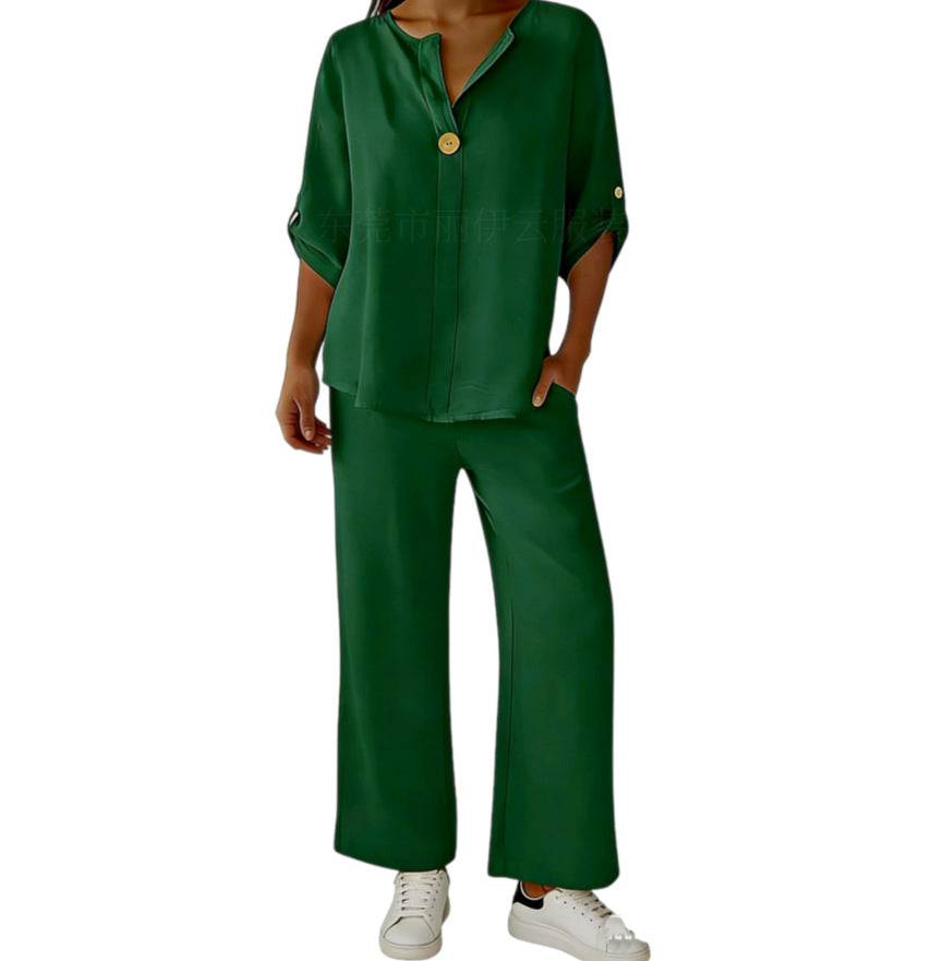 Women's Two-piece Simple Solid Color Sleeve Trousers Fashion Casual Suit