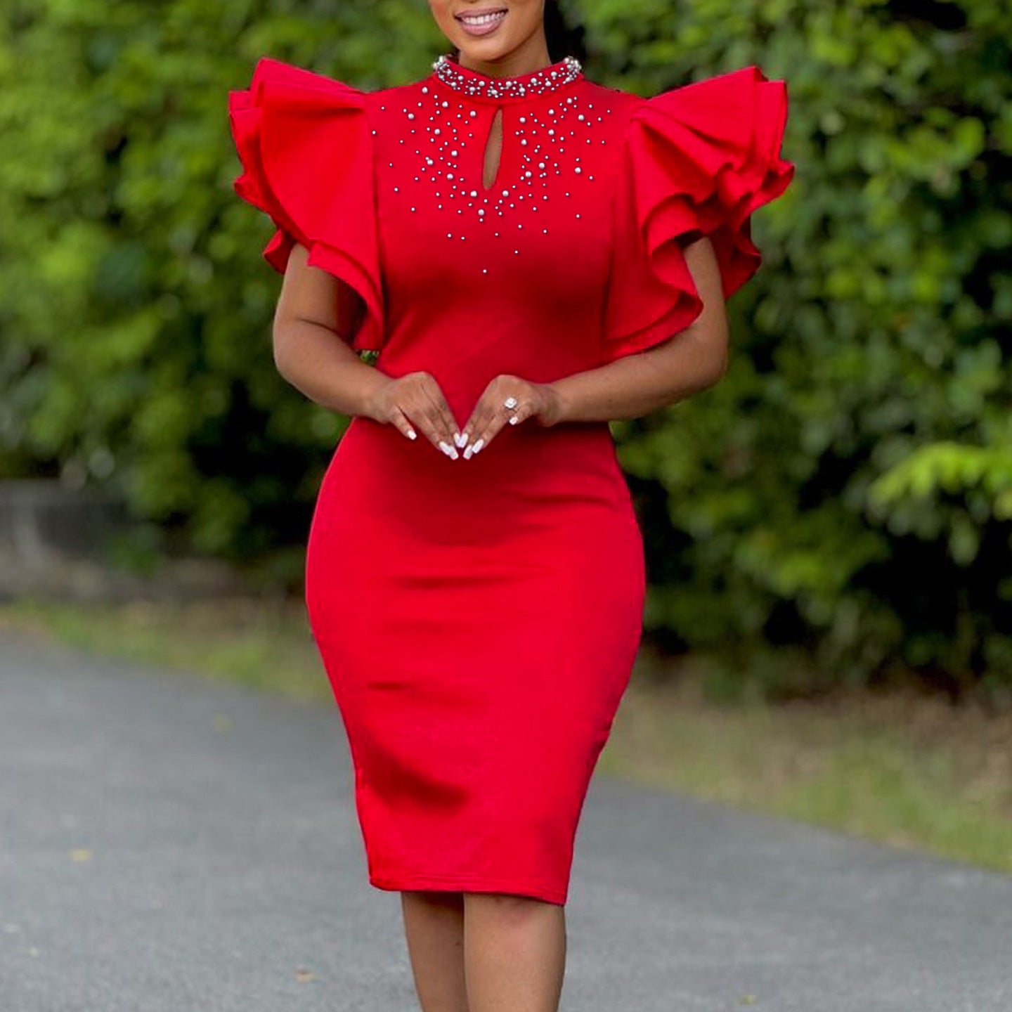 Women's Sexy Ruffle Sleeve Beading Party Dinner Dresses