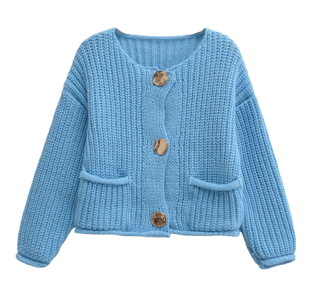 Women's Solid Color Single-breasted Double Pocket Thick Sweaters