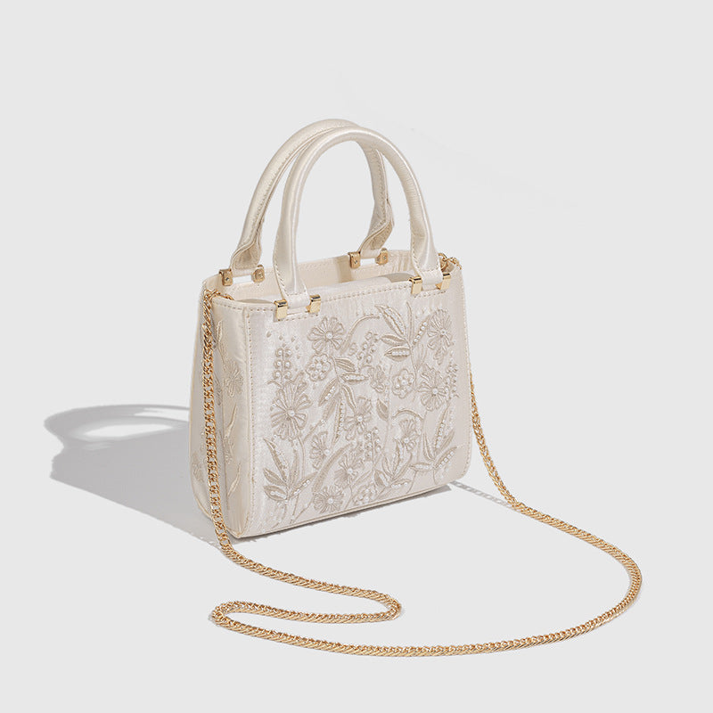 Women's Decorated Pearls Chain Hand Silk Satin Bags