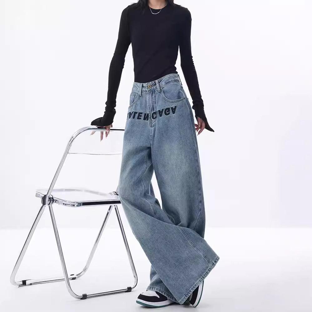 Women's Blue Embroidered Design Loose Mopping Floor Jeans