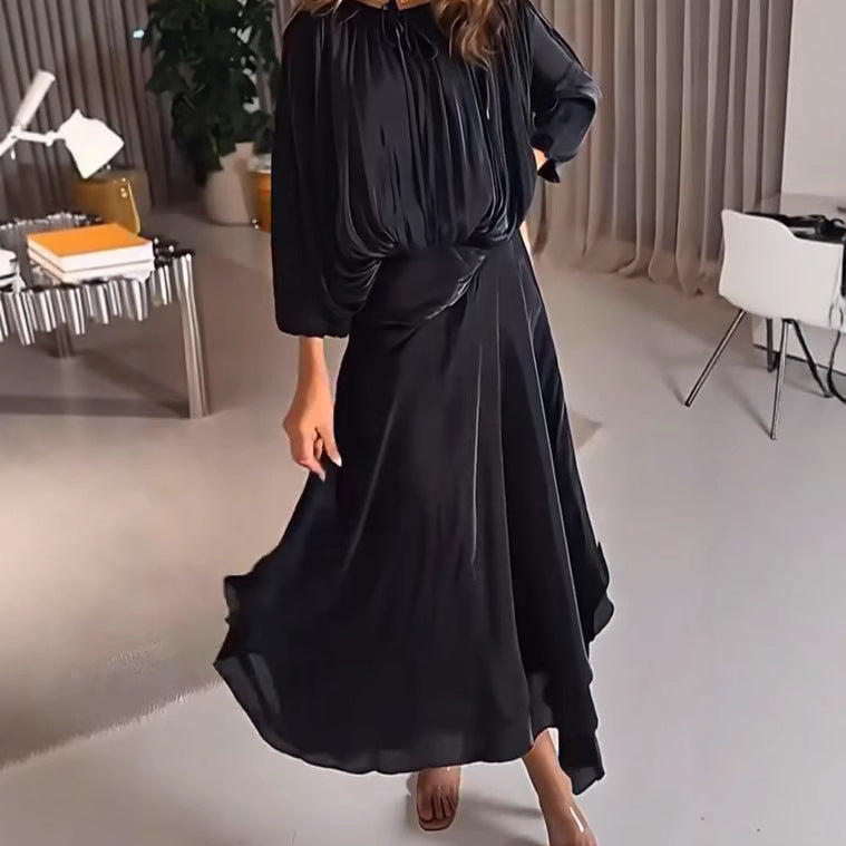 Sleeve Dress Pleating Design Glossy Elegant A- Line Big Dresses