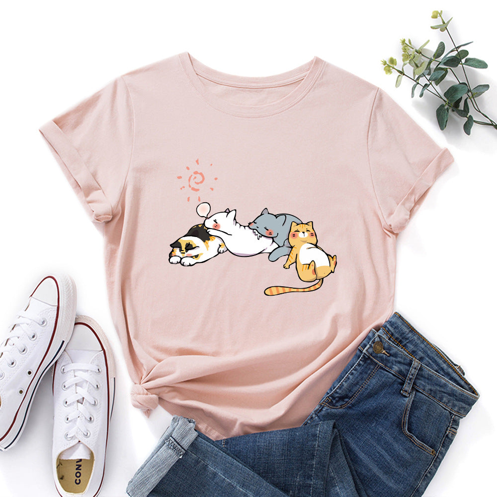 Women's Sleeping Cat Printing Loose Round Neck Sleeve Women's T-shirt