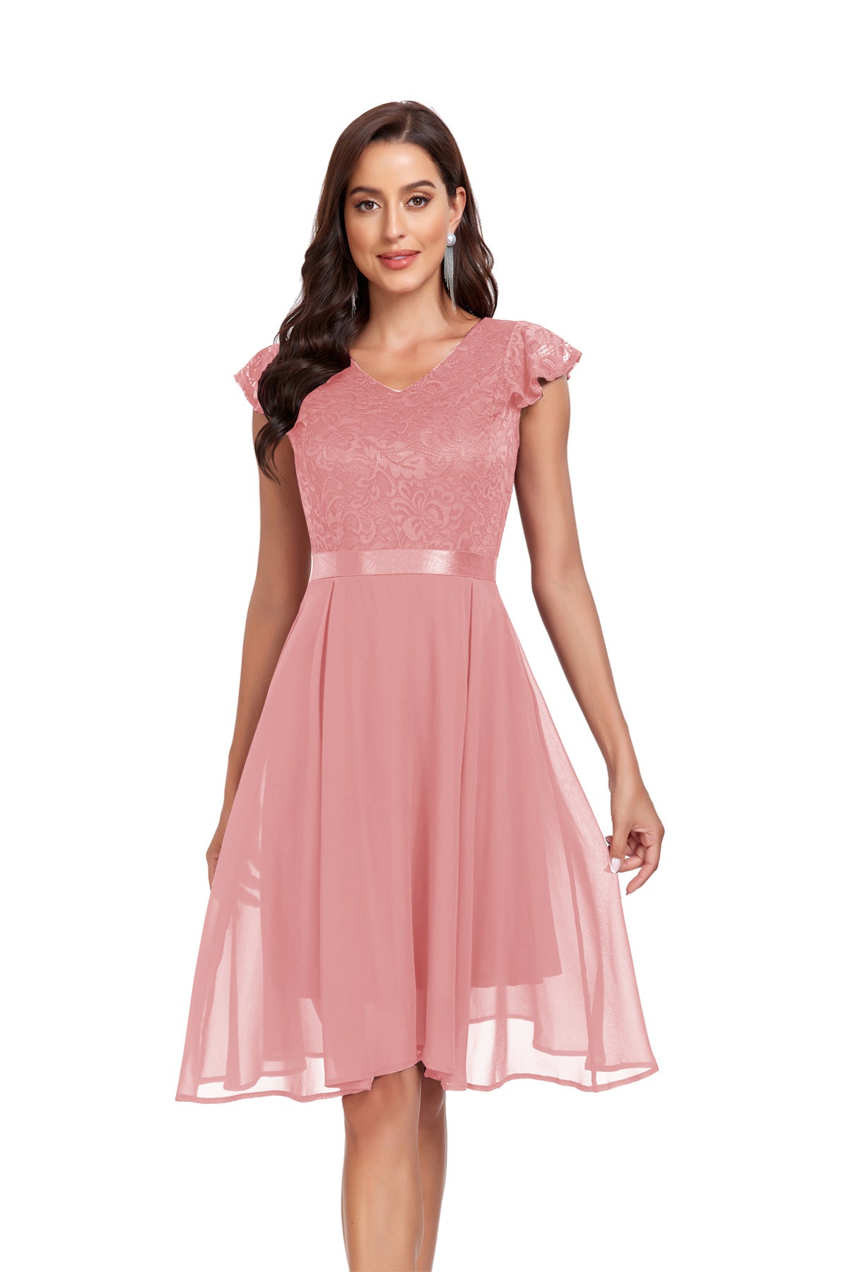 Women's Retro Short-sleeved Lace Chiffon Temperament Mid-length Dresses