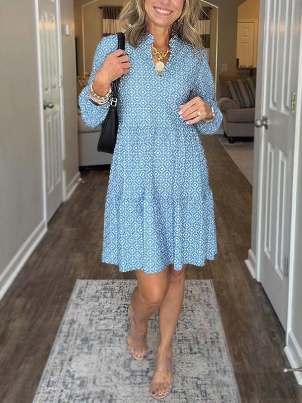 Collar Sleeve Digital Printing Diamond Pattern Dress