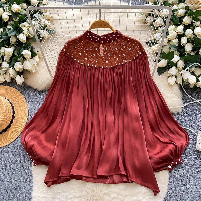 Rhinestone Lantern Sleeve Tassel Gauzy Shirt Blouses