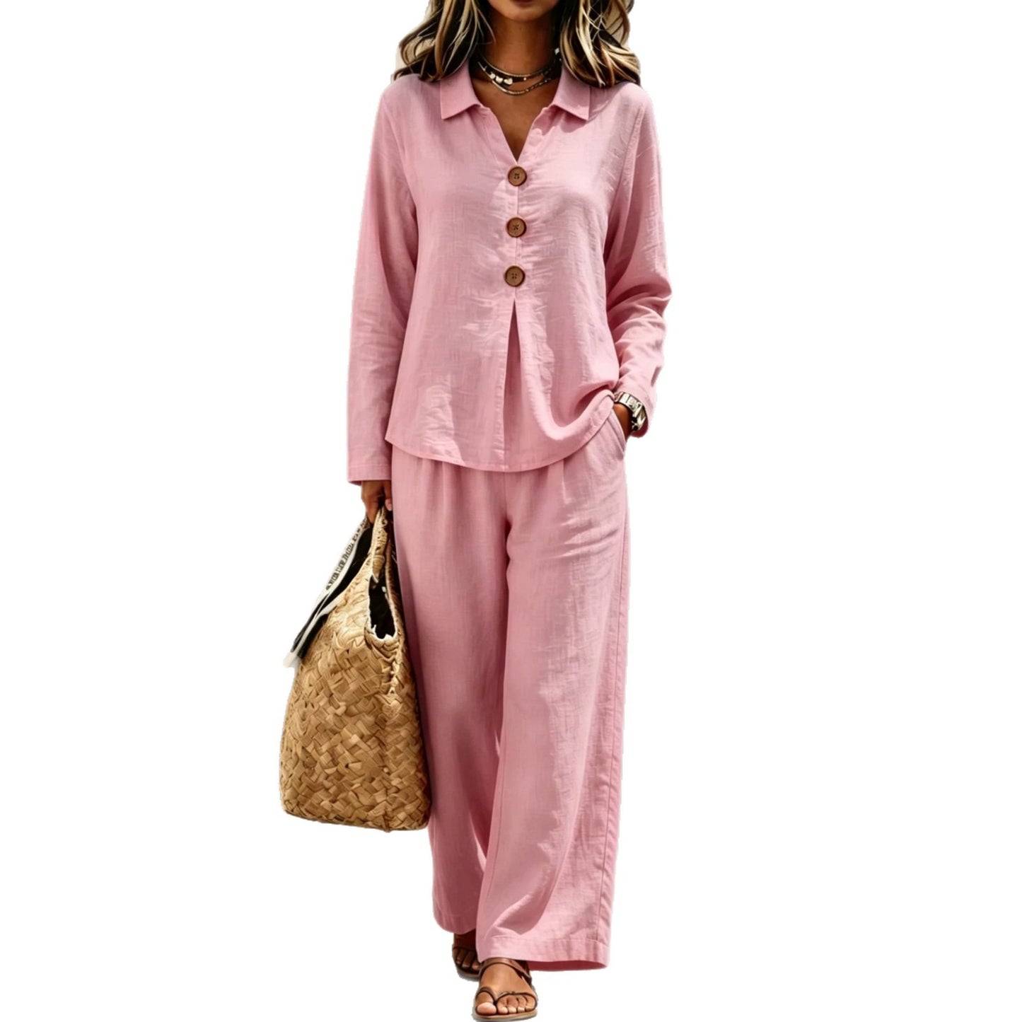 Lady Collar Decorated With Buttons Long-sleeved Trousers Suits