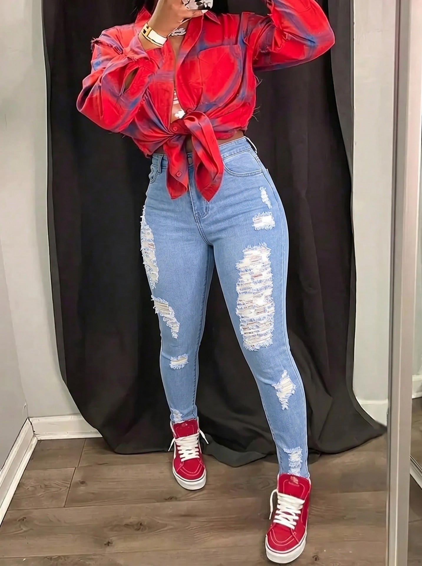 Women's Hip Red Plaid Patch Ripped Slim Fit Casual Fashion Stretch Women's Jeans