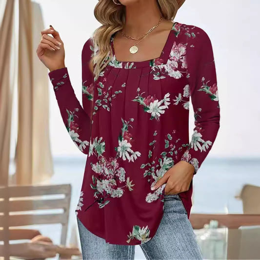 Women's Bohemian Style Ladies Pleated Square Collar Long Sleeve Swallowtail Women's T-shirt