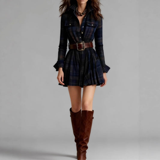 Women's Digital Printed Plaid Shirt Dress Pocket Dresses