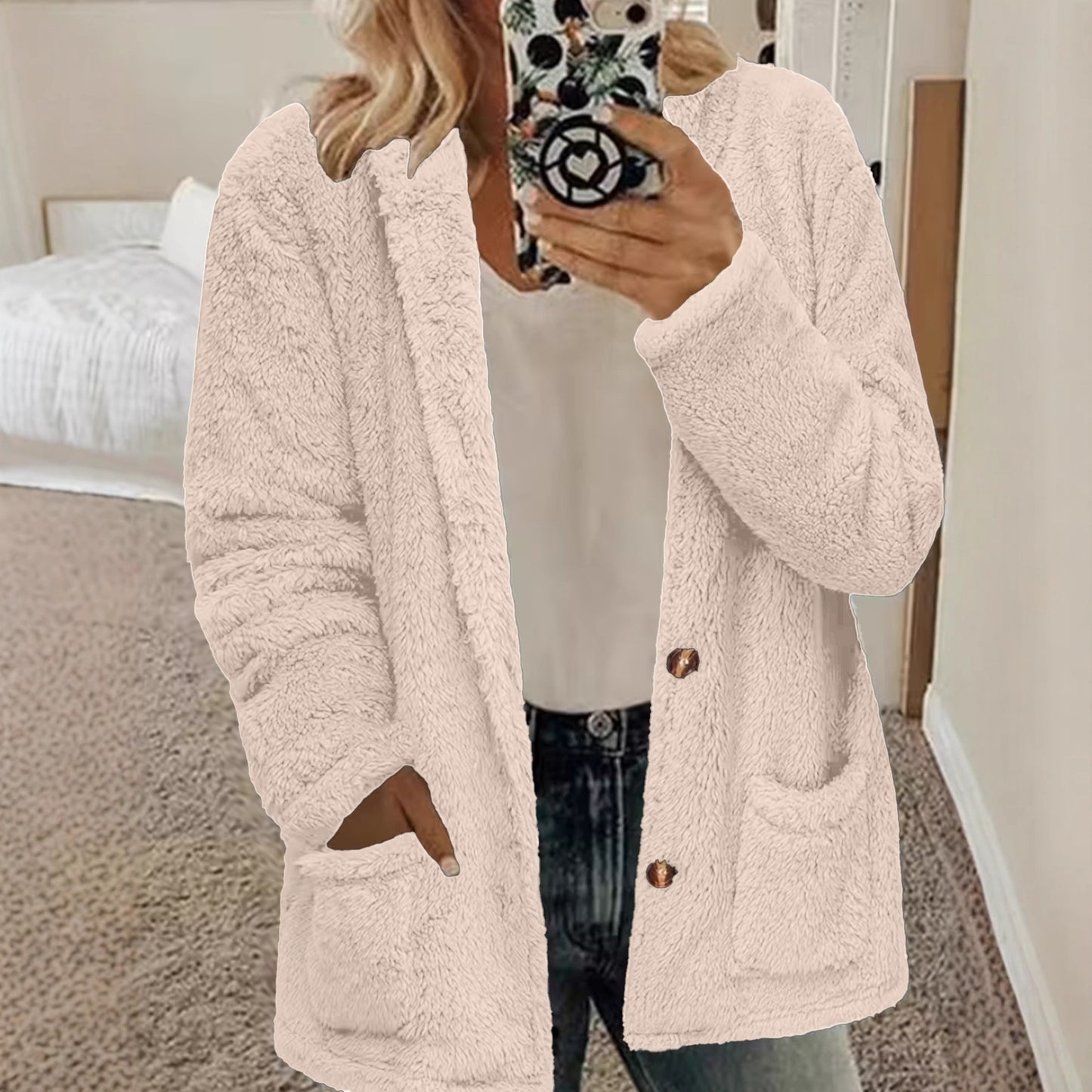Women's Fur Hooded Loose Knitted Button Pocket Cardigans