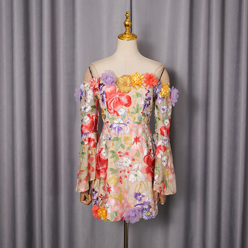 Women's Cluster Embroidered Dress Autumn Bell Sleeve Dresses
