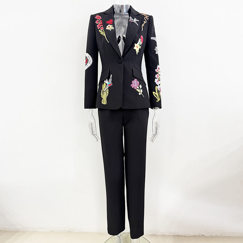Charming Bead Embroidered Trousers Two-piece Set Jackets