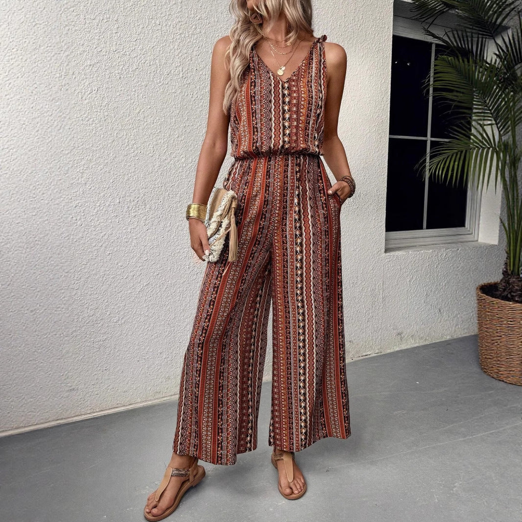 Casual Striped Printed Suspender Elastic Waist Jumpsuits