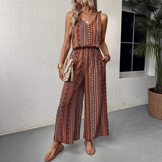 Casual Striped Printed Suspender Elastic Waist Jumpsuits