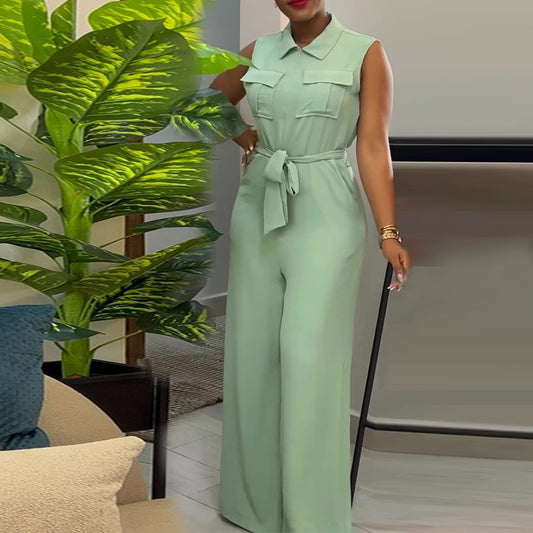 Women's Spring Lapel Pocket Waist Trimming Loose Jumpsuits