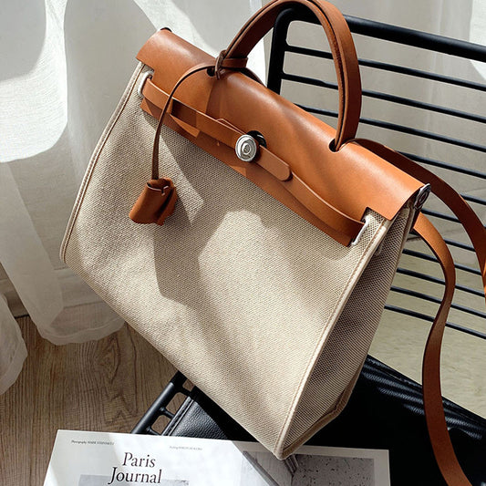 Cowhide Canvas Color Matching Design Large Handbags