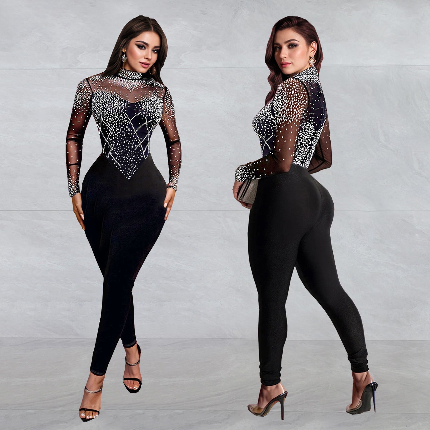Women's Fashion Wear Mesh Rhinestone Long-sleeved Trousers Jumpsuits
