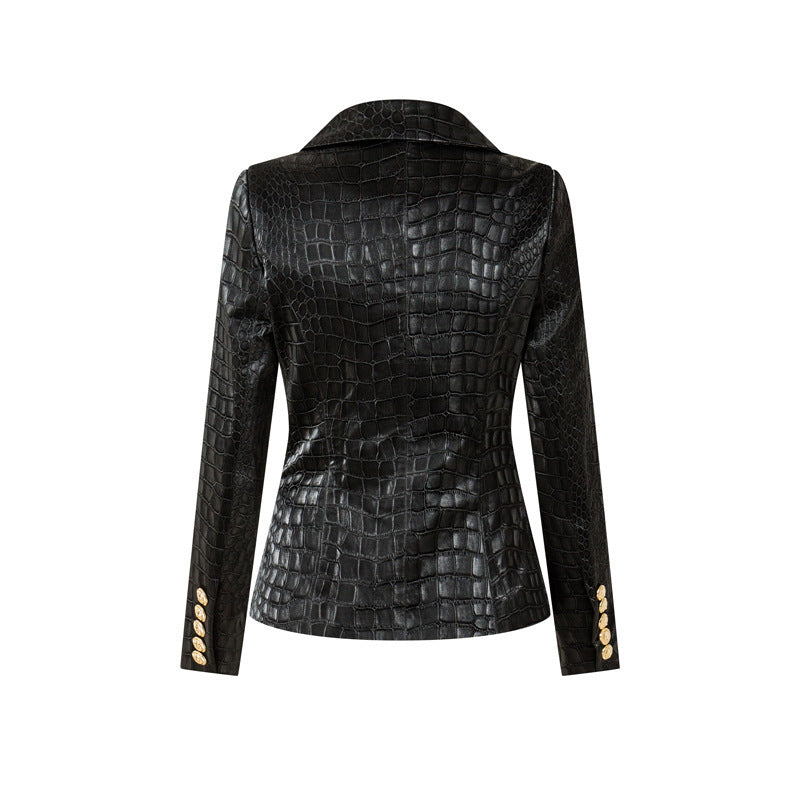 Leather Pattern Slim Metal Buckle Waist Blazers