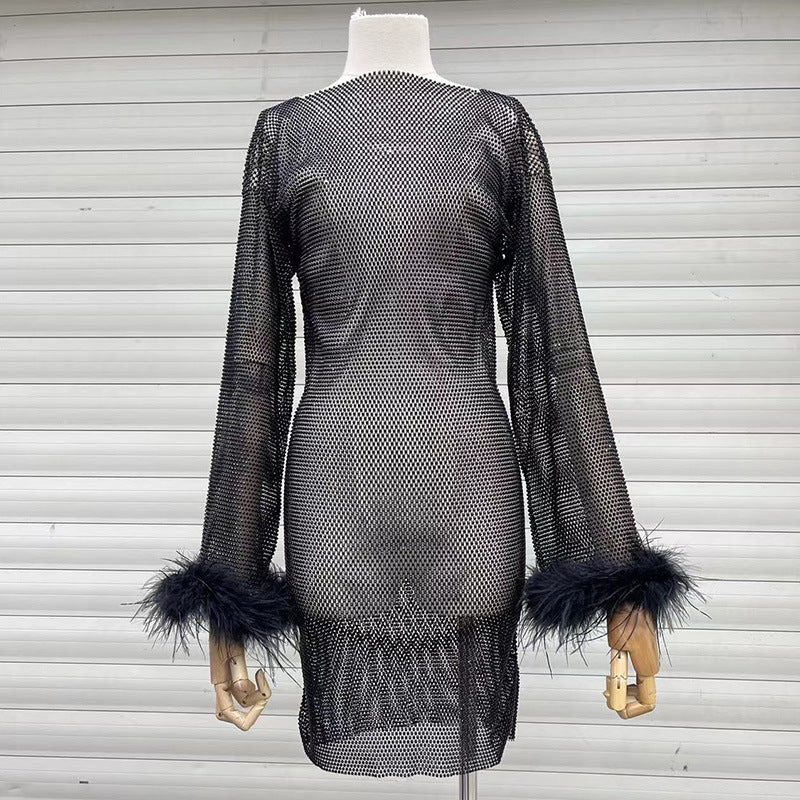 Fashion Luxury Hollow Mesh Ostrich Feather Slimming Bottoming Dresses
