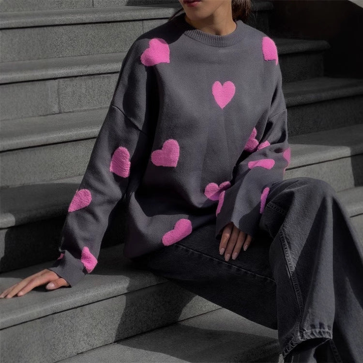Women's Love Embroidered Crew Neck Loose Casual Blouses