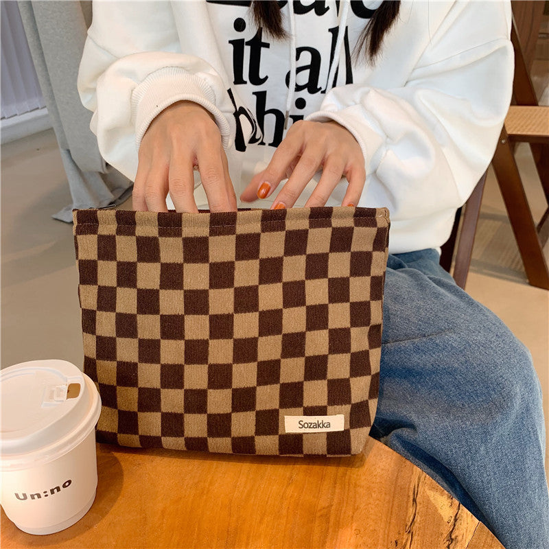 Women's Portable Corduroy Chessboard Grid Clutch Toiletries Bags