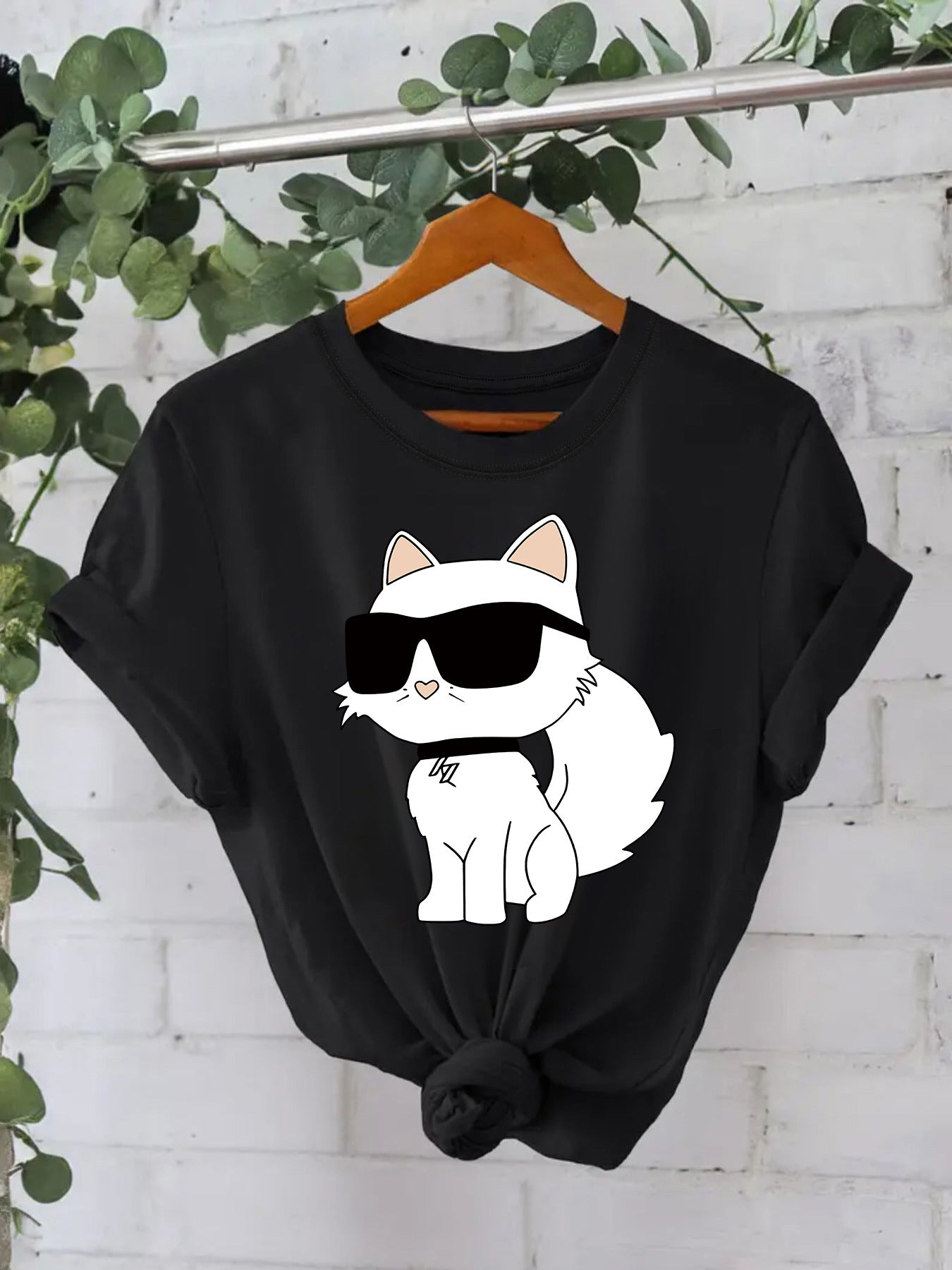 Casual Sleeve Female White Sunglasses Cat Summer Round Neck Women's T-shirt