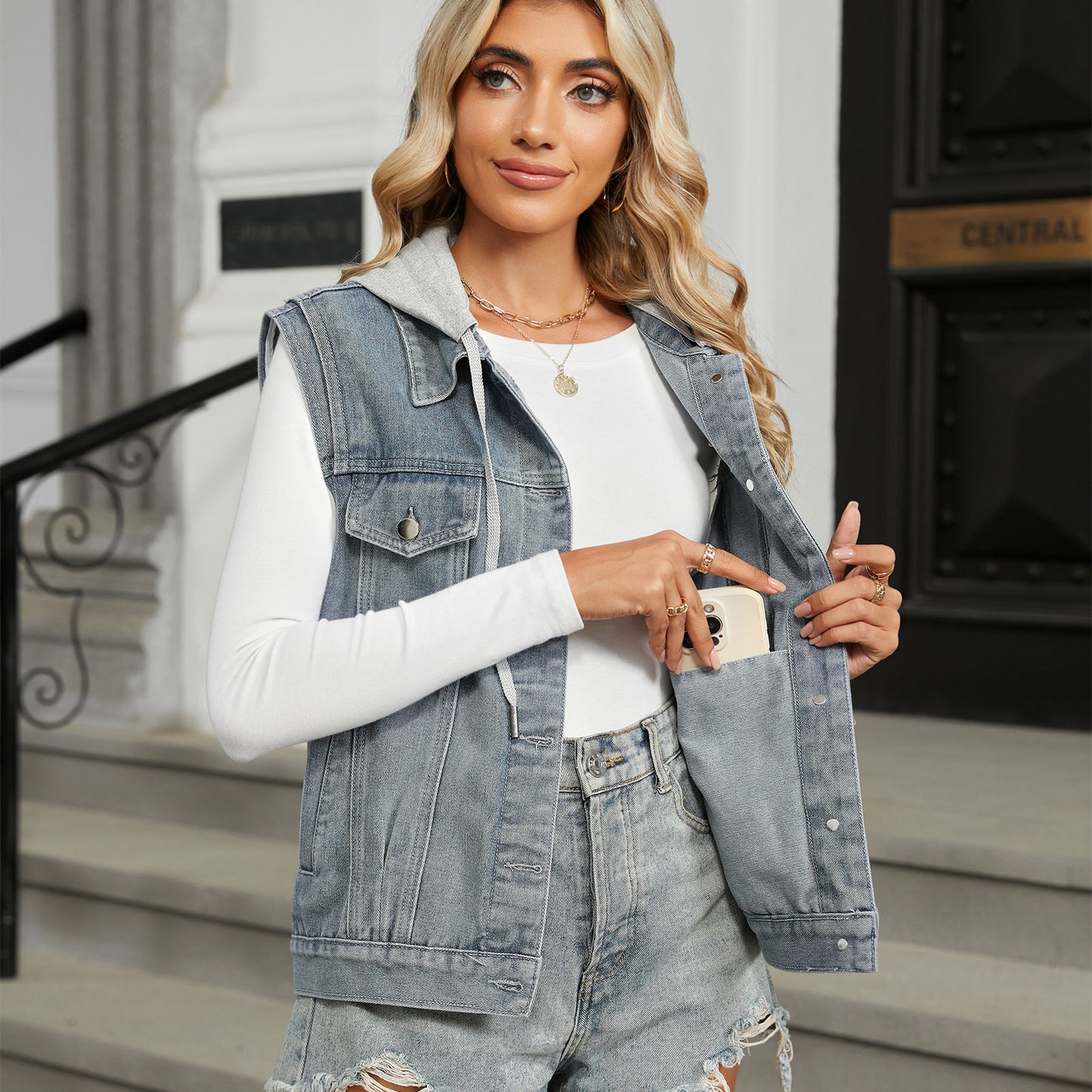 Durable Women's Washed Hooded Denim Waistcoat Tops