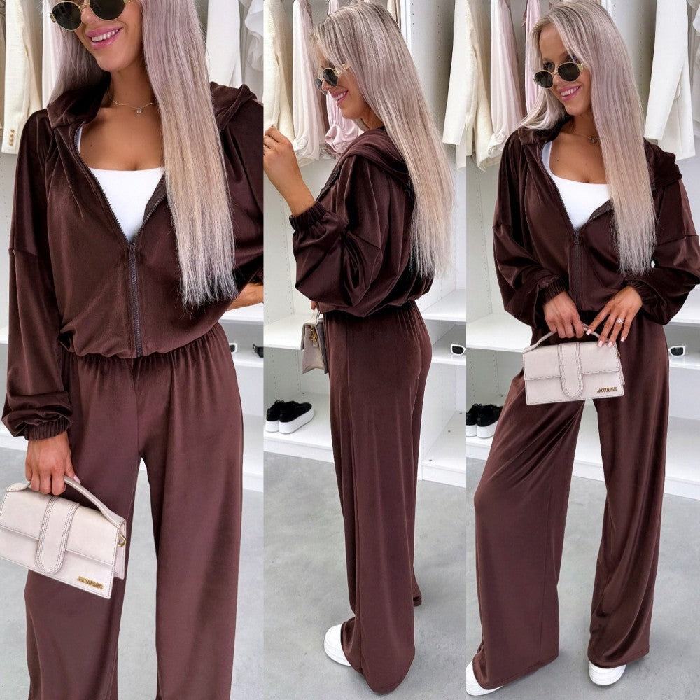 Fall Fashion Zipper Hooded Sport Long Wide Suits