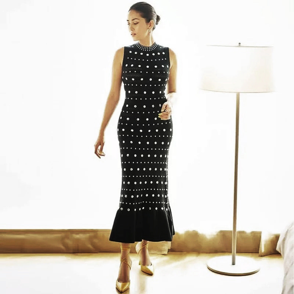 Neck Rivet Knitted Slim Slimming Long Dresses