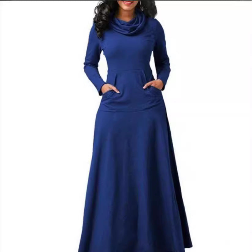 Solid Color Patchwork Pocket Scarf Swing Dresses