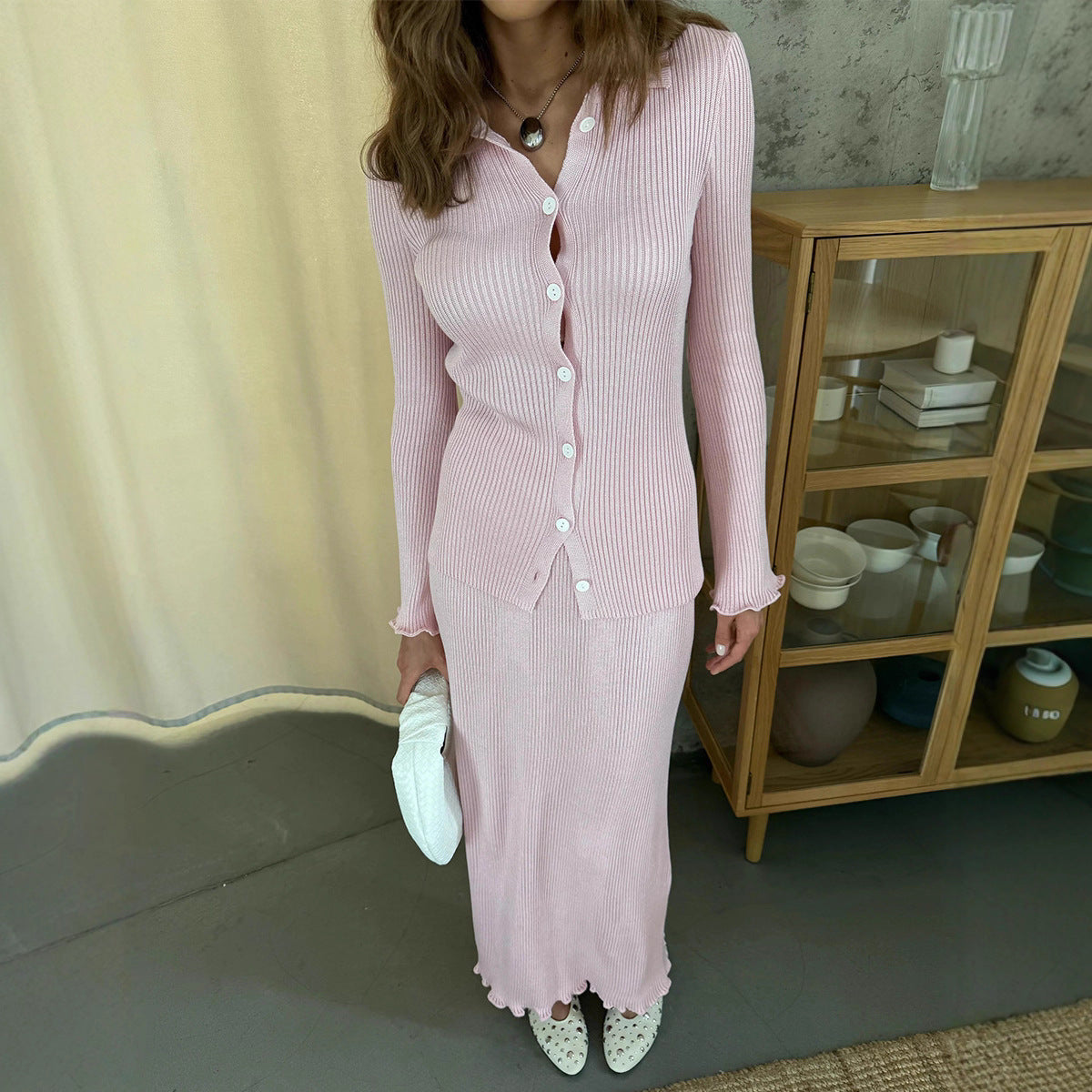 Women's Collar Long Sleeve Wooden Ear Knitted Suits