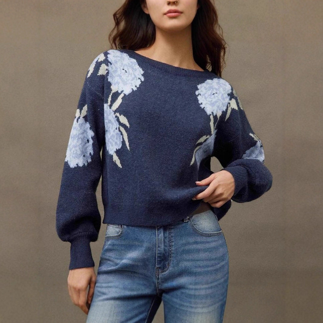 Women's Flower Jacquard Pullover Korean Loose Casual Sweaters