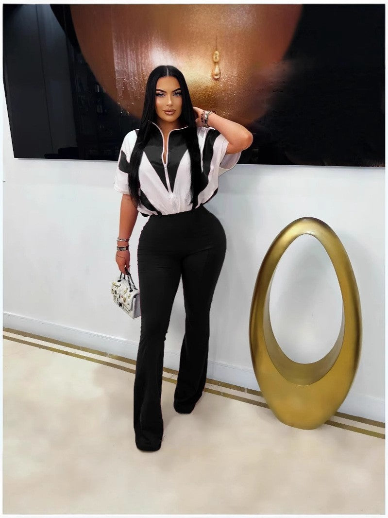 Women's Fashion Casual Zipper Stitching Contrast Color Jumpsuits