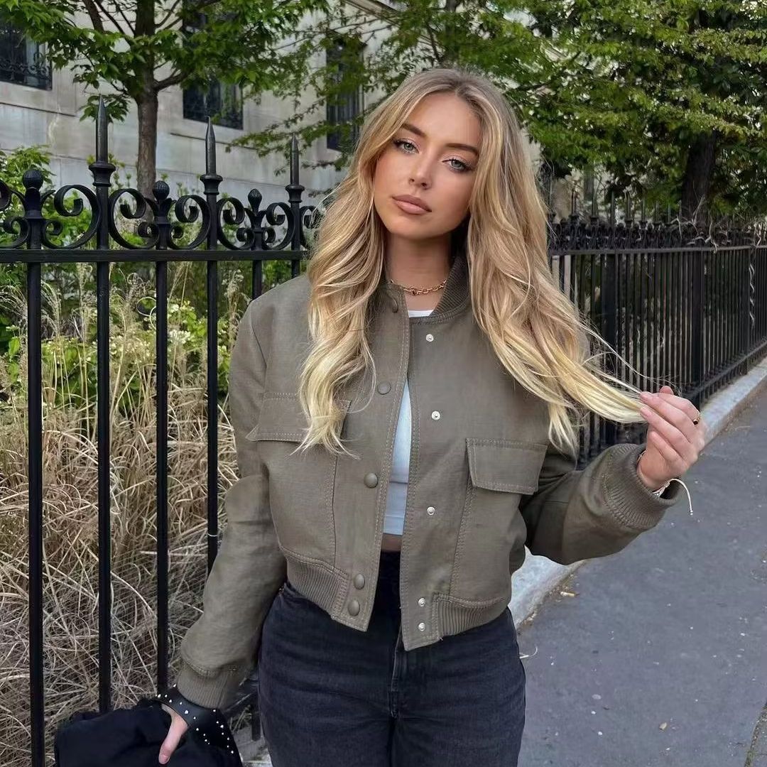 Women's Color Stand Collar Large Pocket Jackets