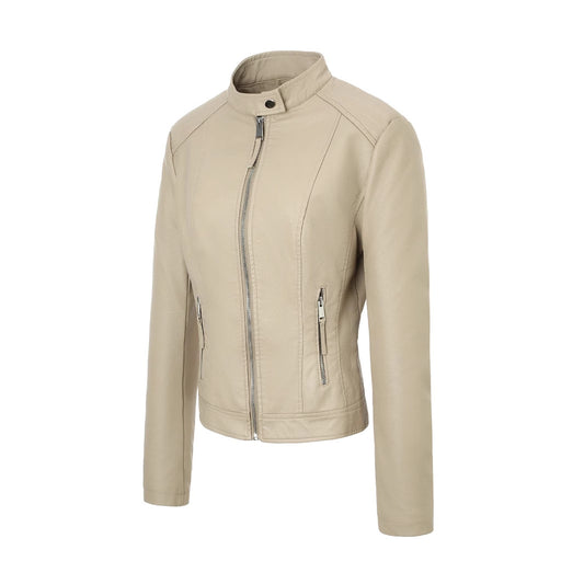 Women's Three-color Stand Collar Zipper Leather Pocket Jackets